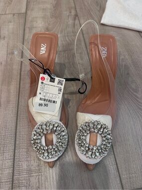 Zara White Jewel-Embellished Clear-Strap Heels